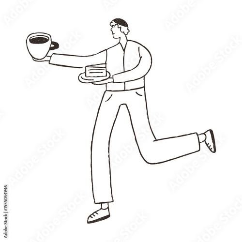 Waiter carrying cup of coffee and cake, cartoon doodle vector illustration isolated on white background. Hand drawn outline art with grunge texture. Concepts of cafe.