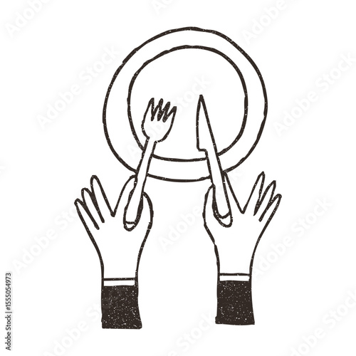 Hands with knife and fork above empty plate, cartoon doodle vector illustration isolated on white background. Hand drawn outline art with grunge texture. Concept of cafe and restaurant.
