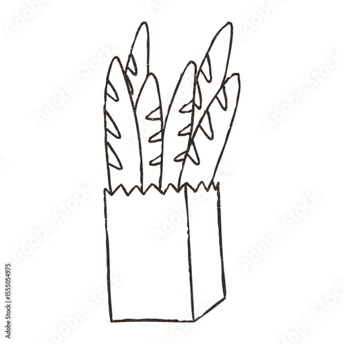 French baguette in paper bag, cartoon doodle vector illustration isolated on white background. Hand drawn outline art with grunge texture. Concepts of cafe and bakery.
