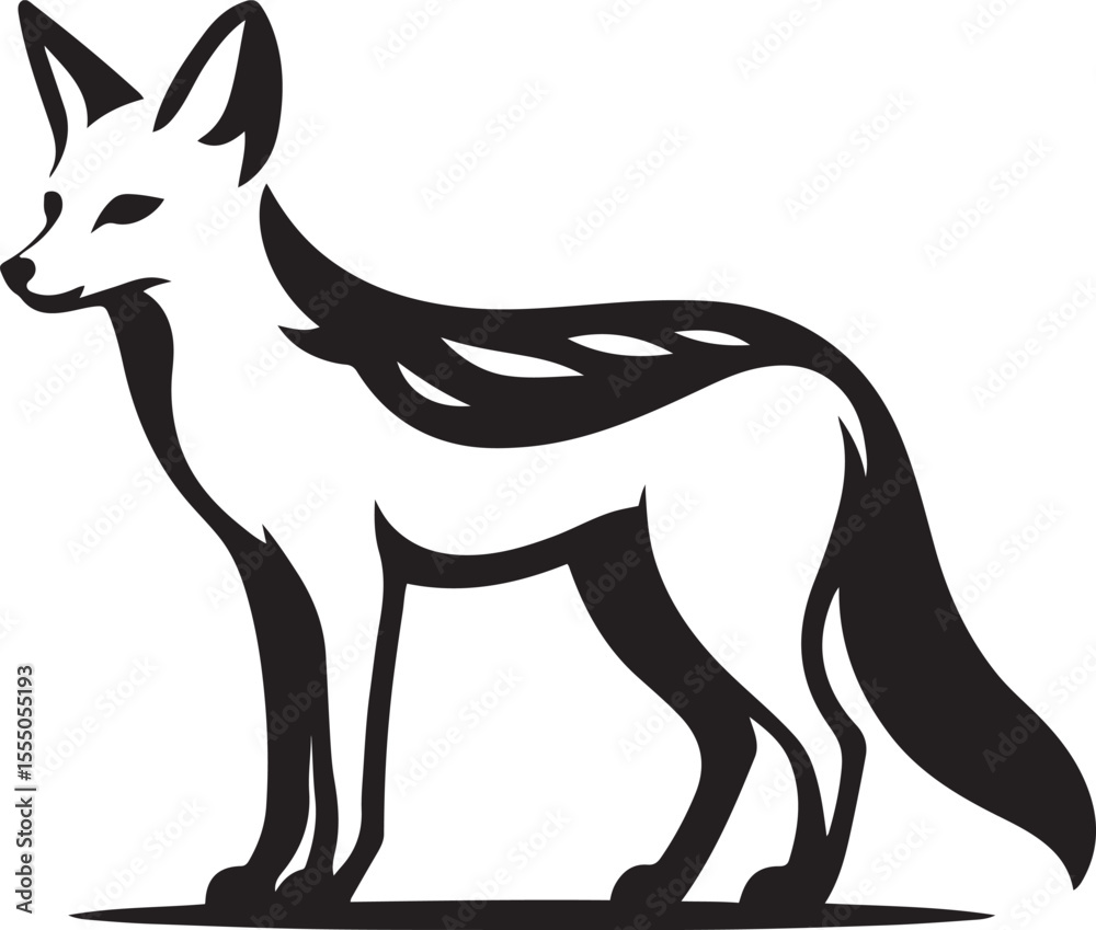 Fototapeta premium Bat eared fox silhouette elegant black and white, Wild animal minimal vector illustration