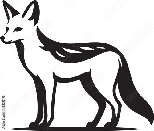 Bat eared fox silhouette elegant black and white, Wild animal minimal vector illustration