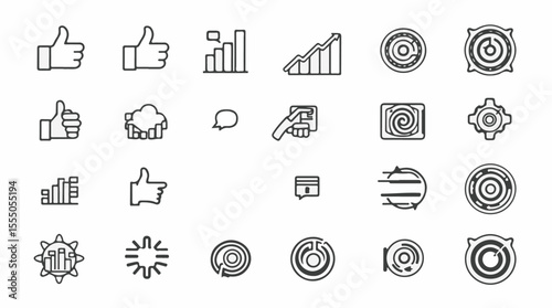 A set of black outline icons on a white background, featuring various symbols like thumbs up, bar graphs, and target crosshairs.
