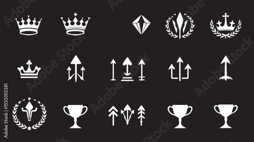A white collection of various icons including crowns, wreaths, arrows, and trophies, set against a dark background, symbolizing royalty, achievement, and direction.