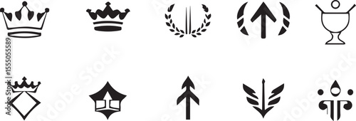 A black and white collection of various icons including crowns, wreaths, arrows, and abstract symbols, representing concepts of royalty, achievement, direction, and growth.