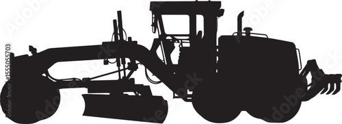 Motor Grader Flat Black Silhouette with Blade and Ripper, Construction Vehicle, Earthmoving Equipment Vector Illustration
