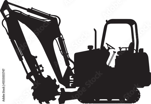 Trencher Silhouette in Flat Black with Digging Arm, Construction Vehicle, Earthmoving Equipment Vector Illustration