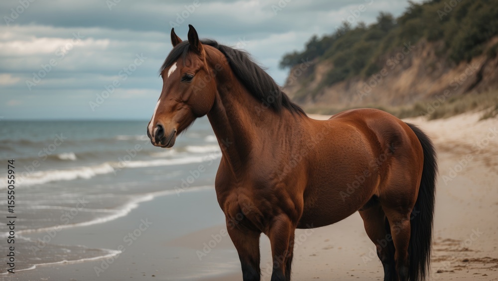 Brown horse on the beach with the sea and coastal landscape in the background. Brown horse on the beach with the sea and coastal landscape in the background.