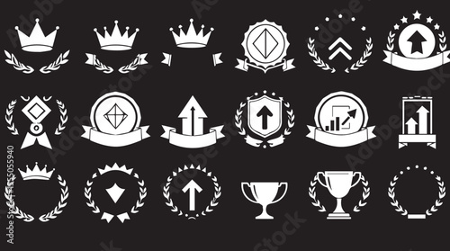 A set of white silhouette icons on a black background, representing achievement, success, and royalty with crowns, laurels, trophies, and upward arrows.