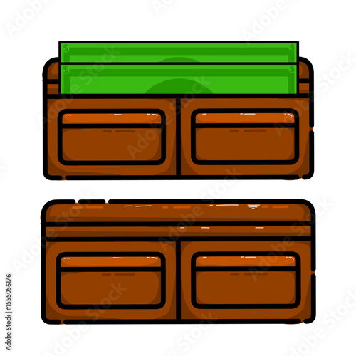Illustrations of a brown leather wallet, one closed and one open, showing financial states and accessibility.