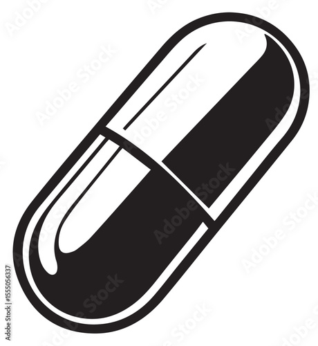 A sleek, black and white illustration of a capsule pill, symbolizing medicine, health, or pharmaceutical industry concepts.