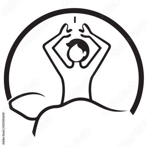 
A black and white outline illustration of a person waking up in bed, stretching their arms upwards, enclosed in a circle.