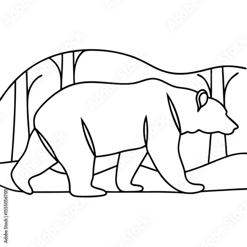 Brown bear Ursus arctos walking through forest. Line art illustration shows bear strolling through woods.
