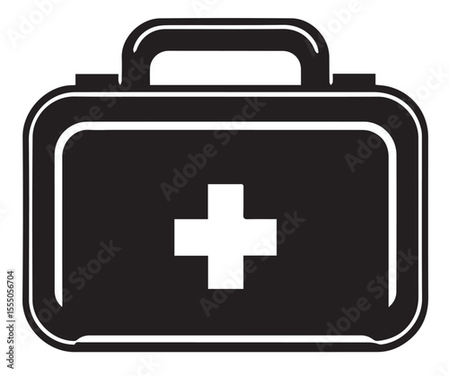 A stark black and white icon of a first aid kit, prominently featuring a white cross, symbolizing emergency medical care, health, and safety.