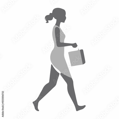 A grayscale silhouette of a woman walking with a shopping bag, depicted in profile against a white background.