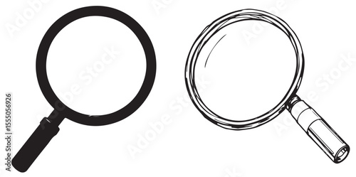 Two magnifying glasses, one a bold black outline and the other a hand-drawn sketch, representing concepts of search, discovery, and detailed examination.