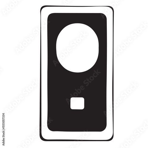 
A black and white illustration resembling a music player, featuring a large circle and a small square button, evoking a sense of classic portable audio.