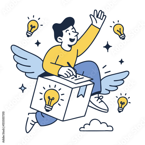 Creative person flying with box of ideas, surrounded by light bulbs, expressing joy