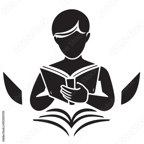 A black silhouette depicts a person engrossed in reading an open book, with more books fanned out below, symbolizing education, knowledge, and learning.