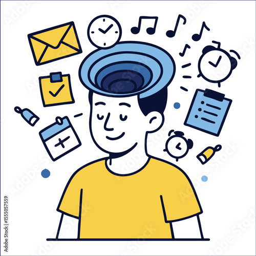 Mindfulness illustration with person surrounded by symbols of time management and organization