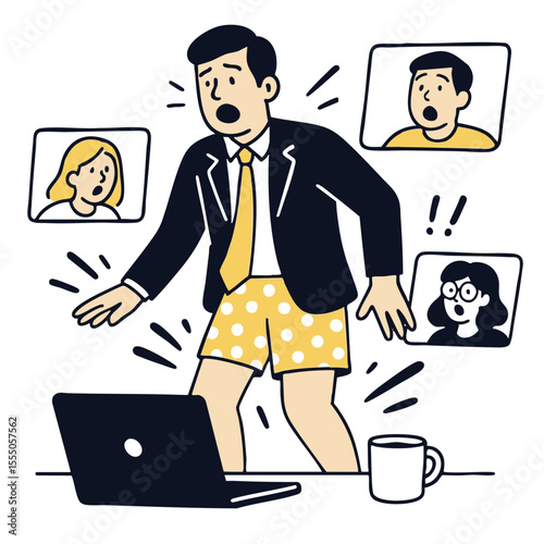 Man in suit and shorts surprised during video call, humorous situation, remote work