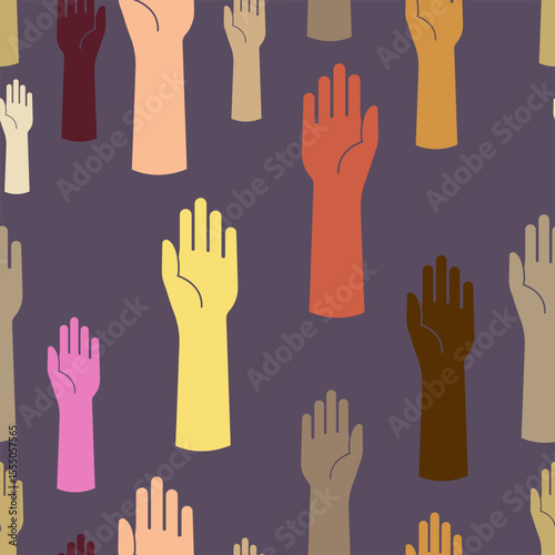 Raised hands pattern in various skin tones on a dark background