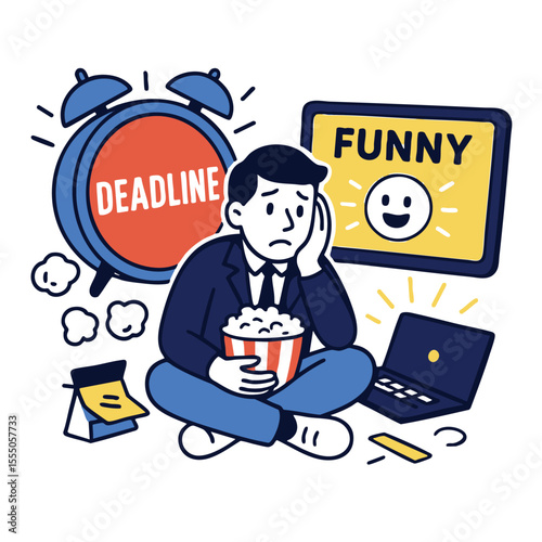 Stressed man with popcorn facing deadline and distractions, feeling overwhelmed yet humorous