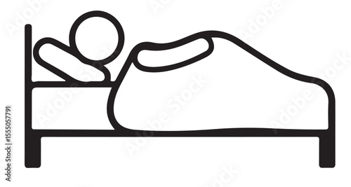 A simple black and white stick figure icon depicting a person sleeping comfortably in a bed under a blanket.