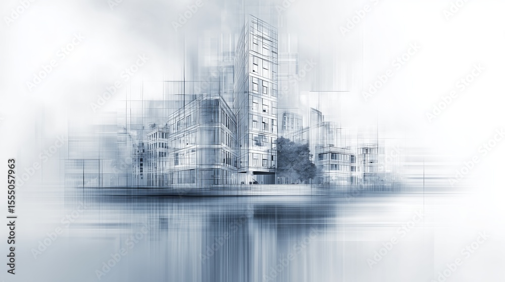 Obraz premium Ethereal blue-tinted futuristic cityscape, translucent glass architecture, dreamy atmospheric landscape, holographic building effects, misty modern skyline, clean minimalist architectural design
