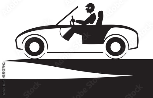 A black and white illustration of a driver in a sleek, open-top convertible car, speeding along a road.