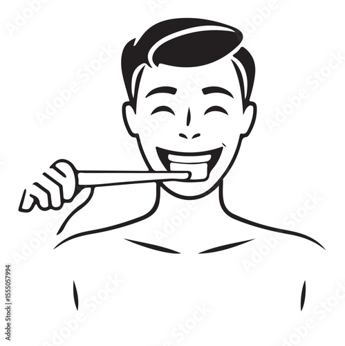 A cheerful, black outline illustration of a man brushing his teeth, promoting oral hygiene and dental care with a happy, healthy vibe.