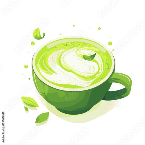 Cup of Frothy Matcha Green Tea with Swirling Foam