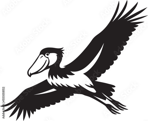 Pelican in flight black and white silhouette, Majestic bird soaring vector illustration