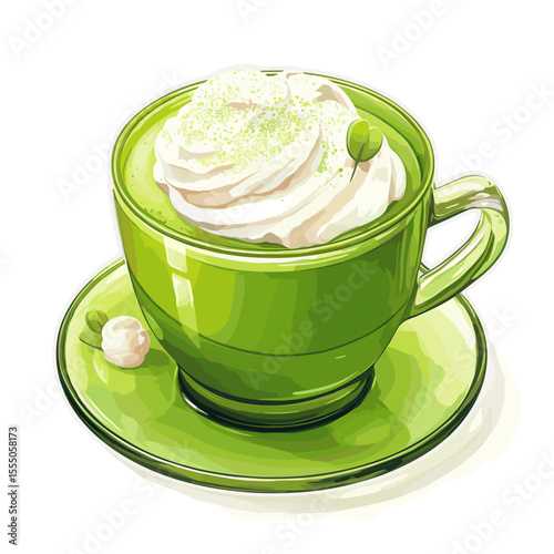 Cup of Frothy Matcha Green Tea with Swirling Foam