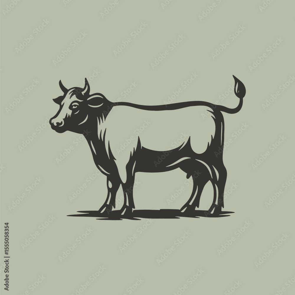 Fototapeta premium Cow side view standing farm animal illustration. Retro vector illustration suitable as a logo, for textile printing or advertising of all kinds.