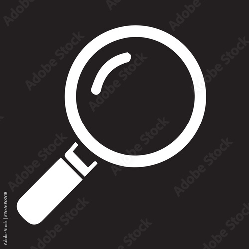 A clear, white silhouette icon of a magnifying glass with a handle, set against a solid black background.