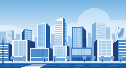 Flat design vector illustration of a modern city skyline with tall urban buildings; skyscrapers; and trees in shades of blue. Perfect for real estate; architecture; and city development themes