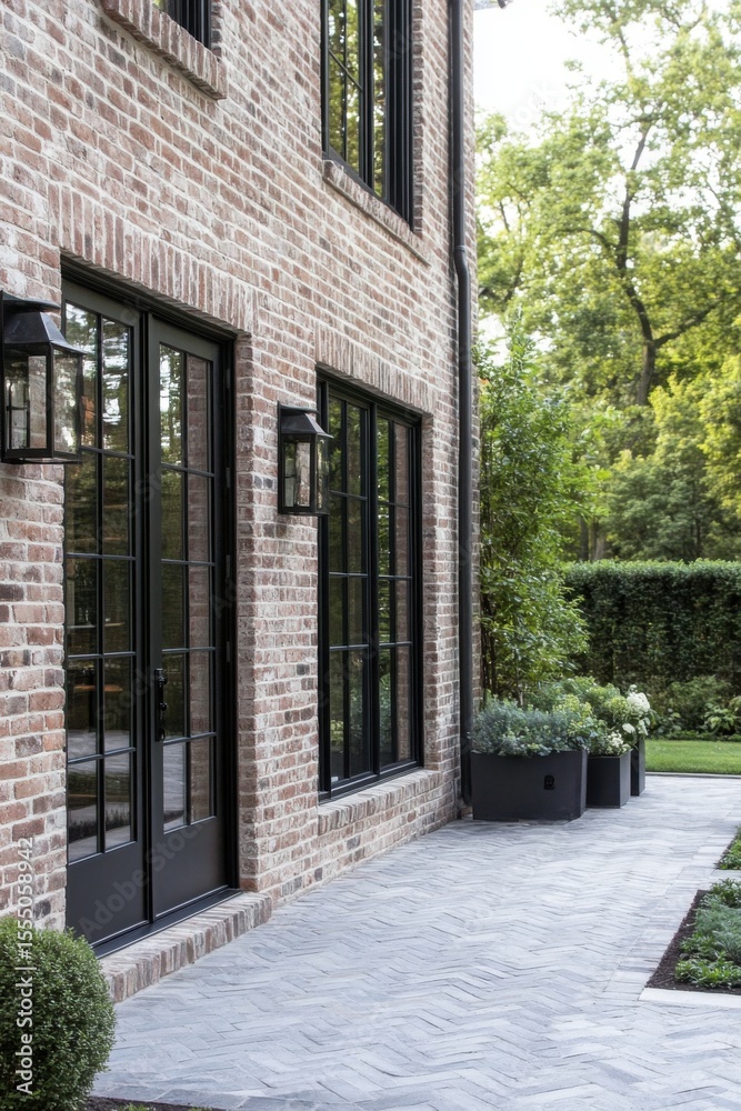 Beautiful exterior of a modern brick house showcasing garden details and elegant pathways in a serene suburban setting during daytime Beautiful exterior of a modern brick house showcasing garden details and elegant pathways in a serene suburban setting during daytime