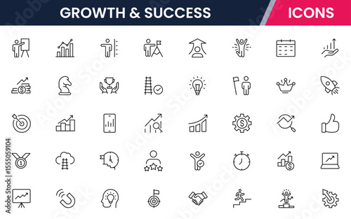 Vector line icons of growth, success, progress, goals, achievement, leadership, motivation, career, business strategy, and performance ideal for apps, websites, and presentations.