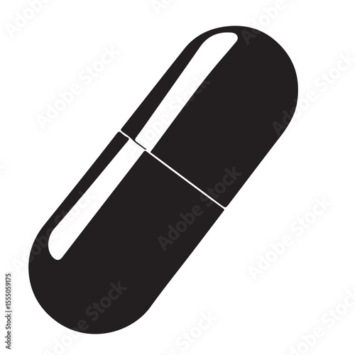 A stark black and white illustration of a single capsule pill, often used to represent medicine, health, or pharmaceutical concepts.