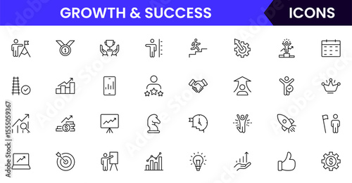 Vector line icons of growth, success, progress, goals, achievement, leadership, motivation, career, business strategy, and performance ideal for apps, websites, and presentations.
