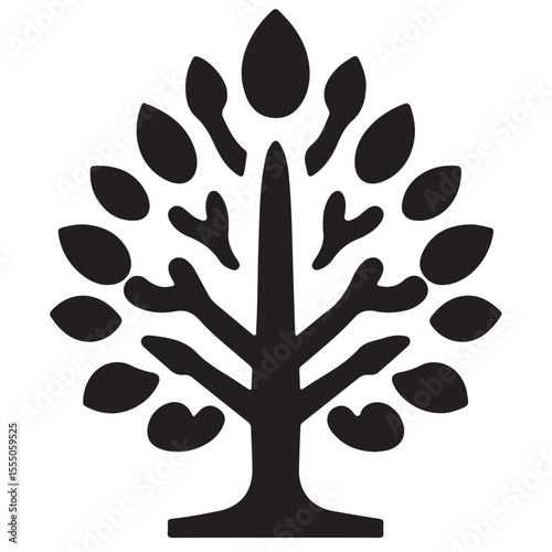 A clean, black and white silhouette of a tree with a sturdy trunk and stylized leaves, conveying a sense of nature, growth, and environmental harmony.