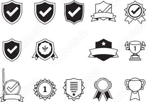 A set of black and white icons representing approval, quality, and achievement, featuring shields, checkmarks, ribbons, and trophies.