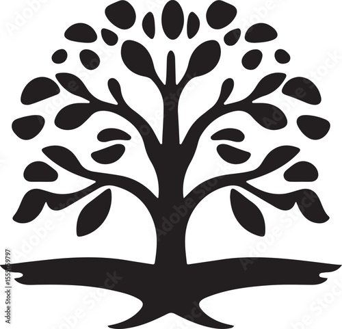 A striking black and white silhouette of a tree, featuring a robust trunk and a full canopy of leaves, symbolizing growth, nature, and strength.