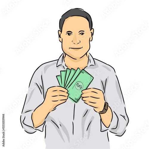 illustration of a cheerful man holding multiple stacks of dollar bills, representing financial success, wealth, and prosperity. Ideal for finance, business, and money-related concepts