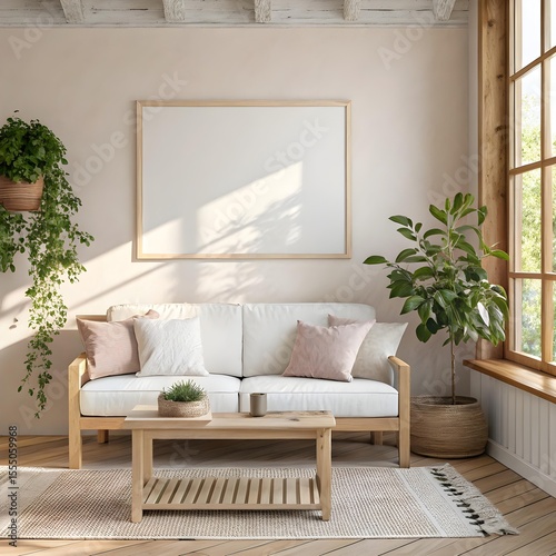 A bright living room design showcases natural light, a comfortable couch, and soothing botanical accents for home decor inspiration.