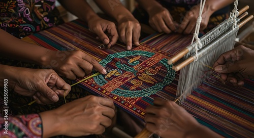 Artisans Collaboratively Weaving Vibrant Textile on Traditional Loom