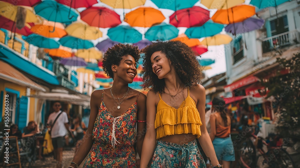 Fototapeta premium Joyful Women Walking Under Colorful Umbrellas