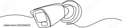 One line drawing of CCTV security camera mounted on wall. Minimalist continuous line art for surveillance and technology. Vector illustration