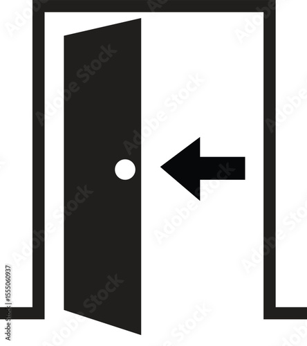 A simple line drawing of an open door with a handle and panels in a white room with a white floor, Vector Illustration