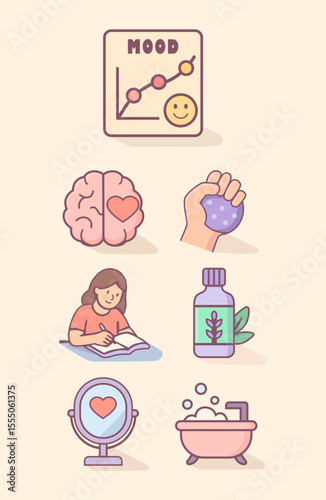 Vector pack of wellness icons featuring emotional care tools like mood chart, essential oil, meditation, reading, stress ball, self-love mirror, and bath